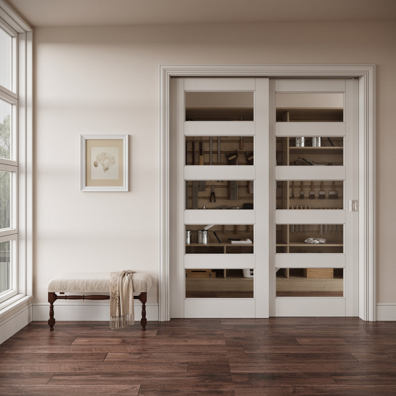 Intérieur de la porte en verre transparent 5-Lite, portes en MDF et en verre trempé CARB P2 en verre trempé, avec cadre solide renforcé et serrure de poche argentée et trousse de quincaillerie, pré-fini et imperméable, pour garde-manger, chambre à coucher et garde-robe, facile à bricoler, 48 "x 80"