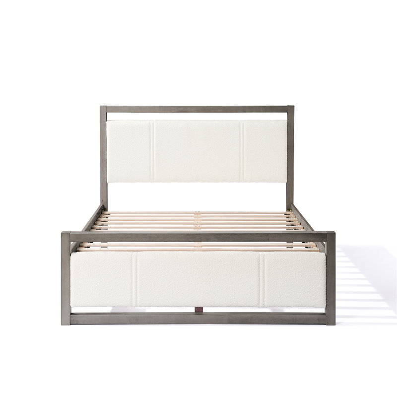 Grand lit à panneau avec tête de lit Boucle, bois d'hévéa gris, lattes silencieuses, confortable et facile à assembler avec pieds en bois rembourrés, répartition uniforme du poids, installation
