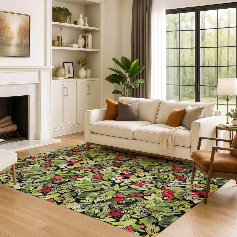 Premium Machine Washable Dockside AMF1816 Watercolor Mistletoe Berry Rug, Rectangle 9' x 12'