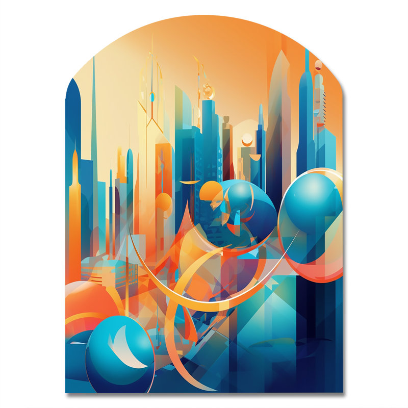 «Blue and Orange Retro Radiance I - Arch City», art mural art déco, sculpture murale asymétrique en métal