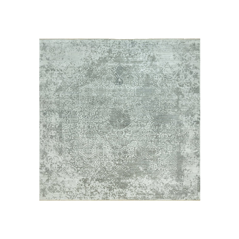 14'x14' Gray Zoroastrian Hand Knotted Wool and Silk Square Oriental Rug BC8AE6B5B8874B9CB827D9FBCBFCF4B2