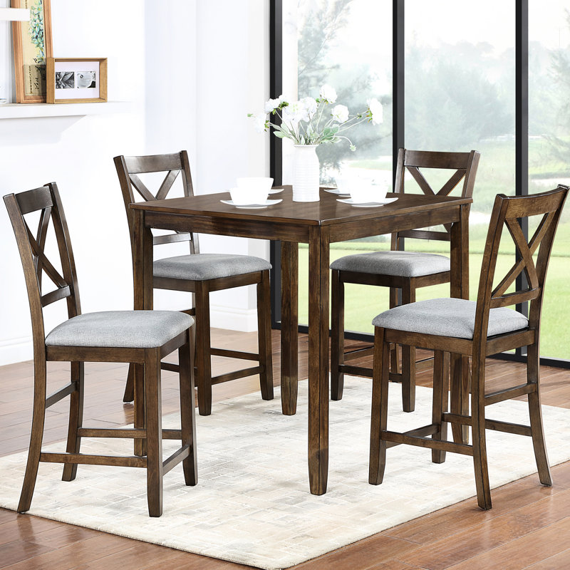 Table de salle à manger 5 pièces en noyer, carré à hauteur de comptoir avec 4 chaises rembourrées, fonctionnelle en noyer et chaises pour manger dans un espace limité