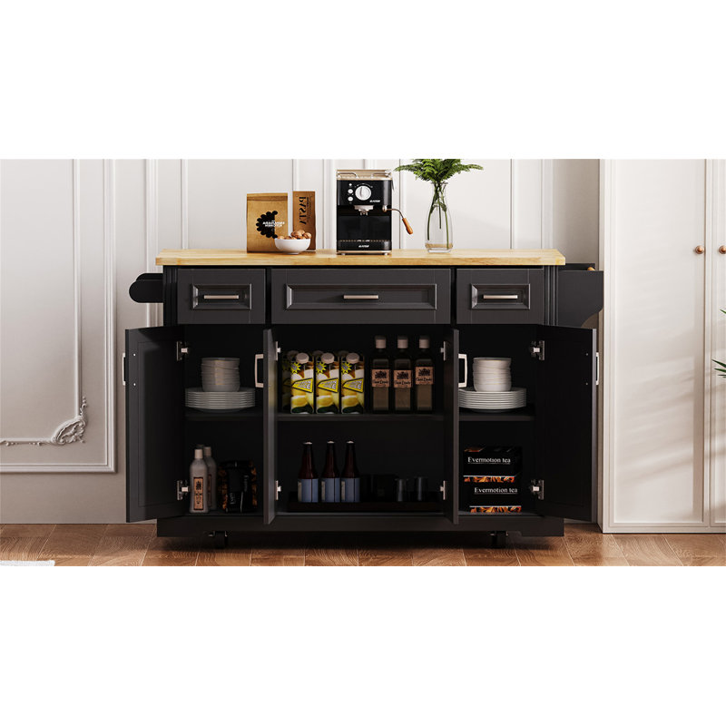 54Inch Large Kitchen Island With Rubber Wood Drop Leaf, Black