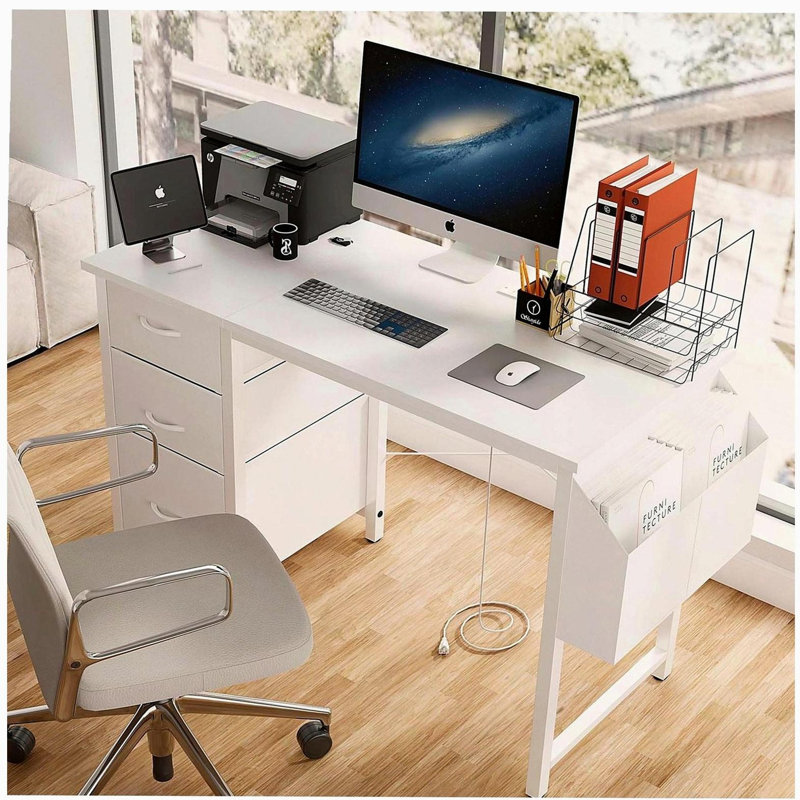 47.3"office desk with power outlet,3 drawers,Side Pocket, Study Desk Easy to Assemble,Frame stability Reversible, White