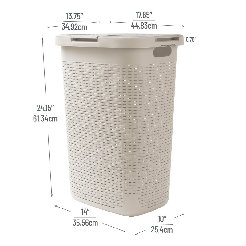 Ivory Plastic Wicker Collapsible Laundry Hamper with Wheels and Lid
