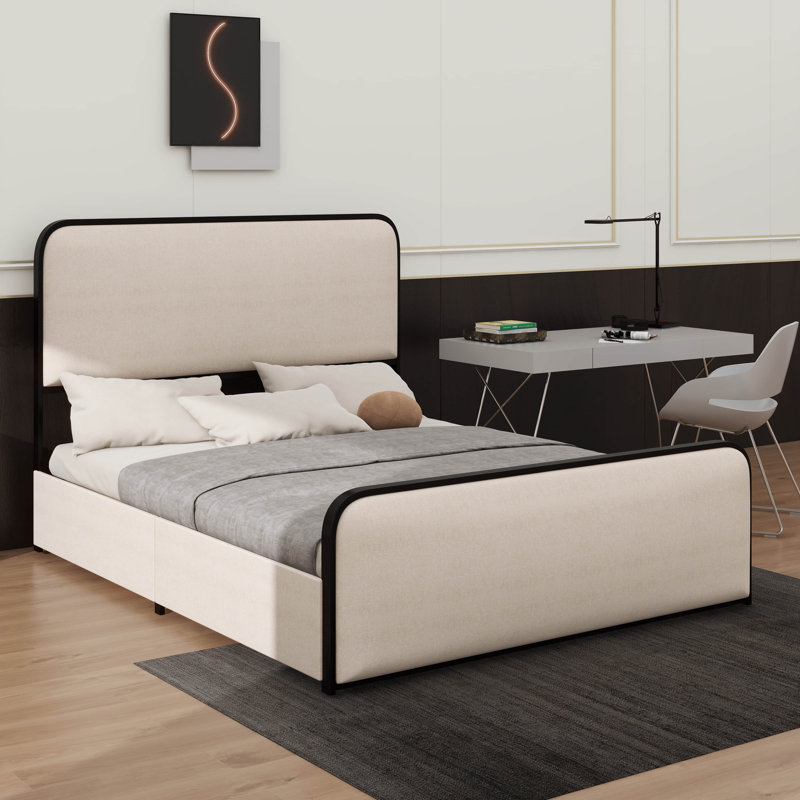 Structure de lit moderne en métal avec tête de lit tapissier courbée, pied de lit et 4 tiroirs de rangement pratiques, Grand
