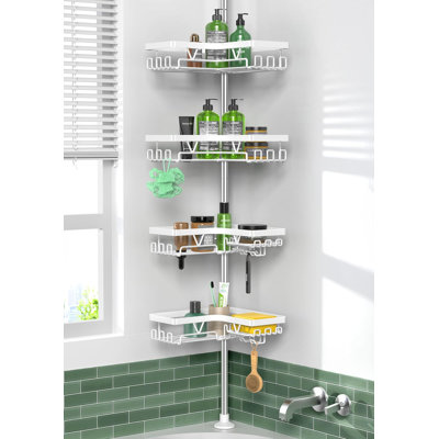 SUS304 Stainless Steel Adjustable Tension Pole Corner Shower Organizer, No Drilling Bathroom Caddy With 4 Adjustable Shelves For Shower Storage, Rust-Proof Design