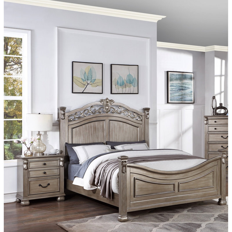 Lit de chambre à coucher, style traditionnel avec moulure argentée, cadre de lit classique