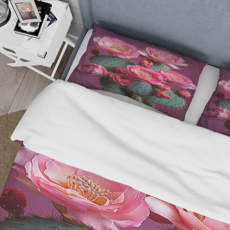 Ensemble de housse de couette en microfibre / polyester rose / vert / cactus désert Bloom Prickly I