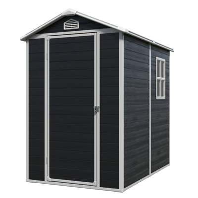 Abri de jardin 122 x 183 cm, noir, panneaux multiparois robustes, porte verrouillable par cadenas, aérations, fenêtre latérale pour outils de jardinage. En résine noire.