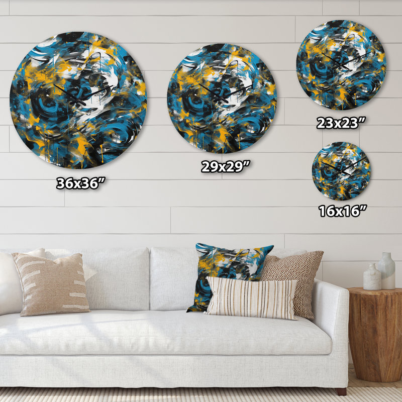 Horloge murale abstraite bleue et jaune I Realmes, Moyenne