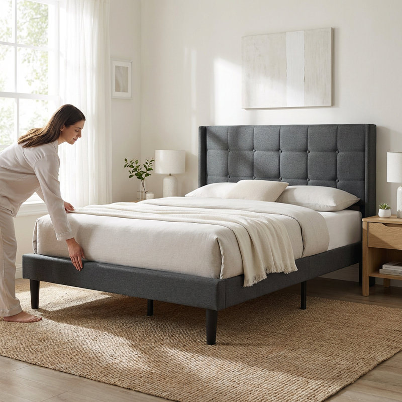 Base de lit tapissier grand format avec tête de lit capitonnée moderne, support à lattes de bois
