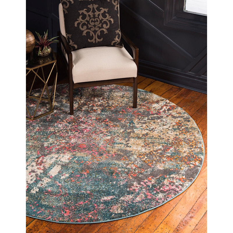 Tapis décoratif vert foncé à motif oriental Mumford, Rond 6 pi
