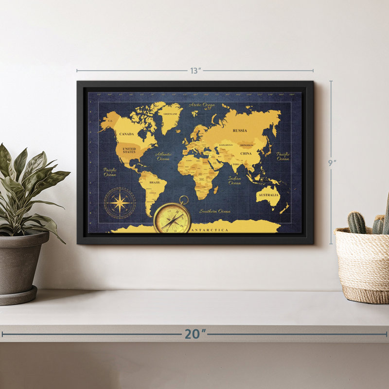 Carte «Gold Compass World Map Canvas Print», H 9 po x l 13 po
