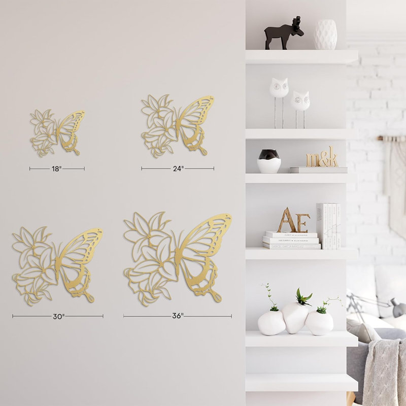 Lilies Butterfly Black Gold Minimalist Modern Abstract Wall Accent Sculpture Hanging Decoration Metal Wall Decor, Gold