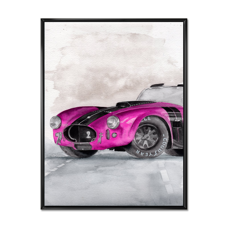 «Beautiful Old Magenta Car on Grey», peinture sur toile, H 32 po x l 24 po x P 1 po, Cadre flottant noir