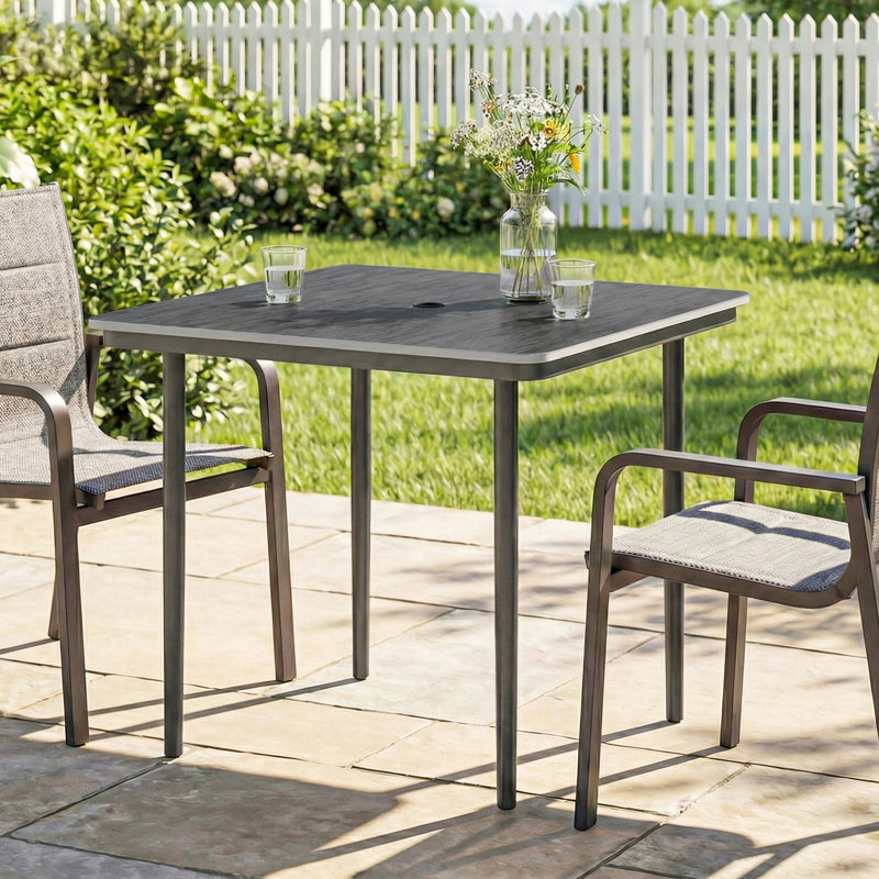 Square Wood Metal Outdoor Dining Table With Umbrella Hole , 85cm cm W 85cm cm D, Grey