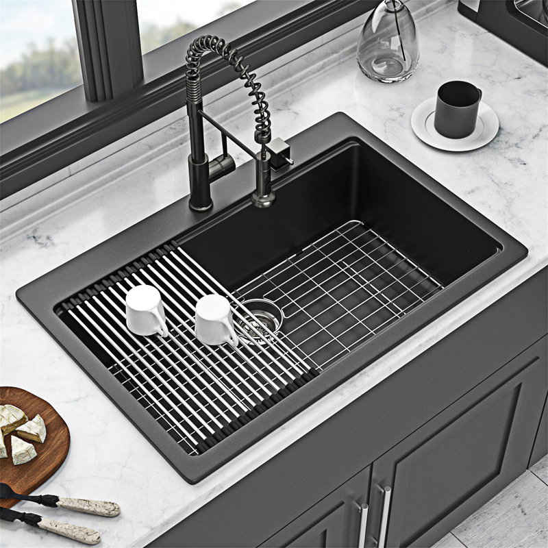 Drop-In Granite Composite Workstation Kitchen Sink, Black