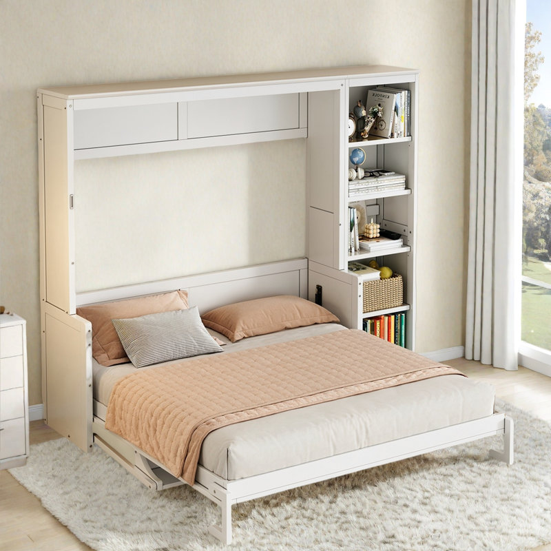 Lit escamotable Liftup avec bureau et tablettes, bois de pin massif et panneau de fibres à densité moyenne, Blanc, Grand