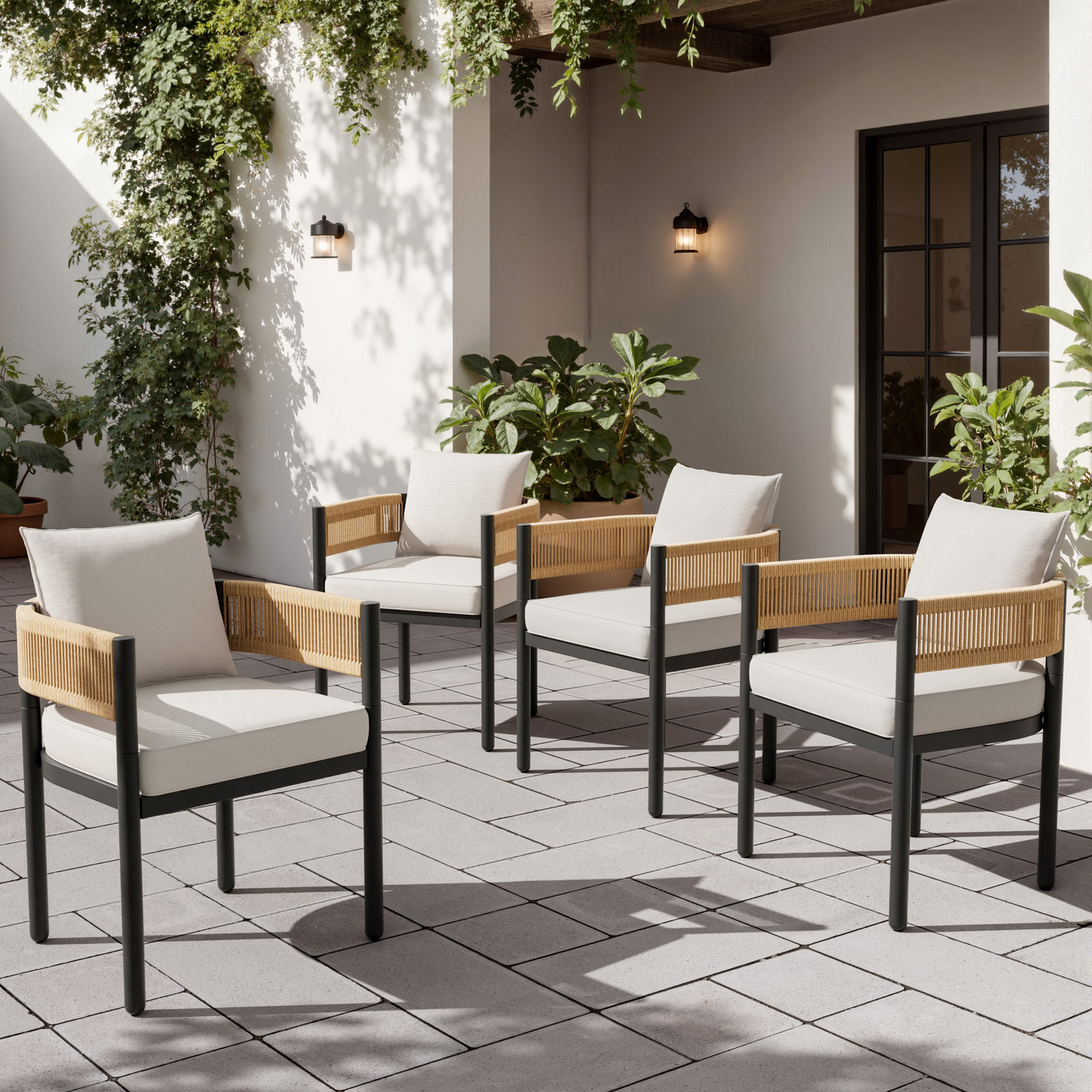 Alessandra Rope Outdoor Dining Chairs With Cushions, White Cushion/ Natural Arm