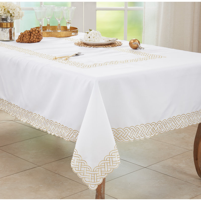 Gold Braid Embroidered White Polyester Tablecloth