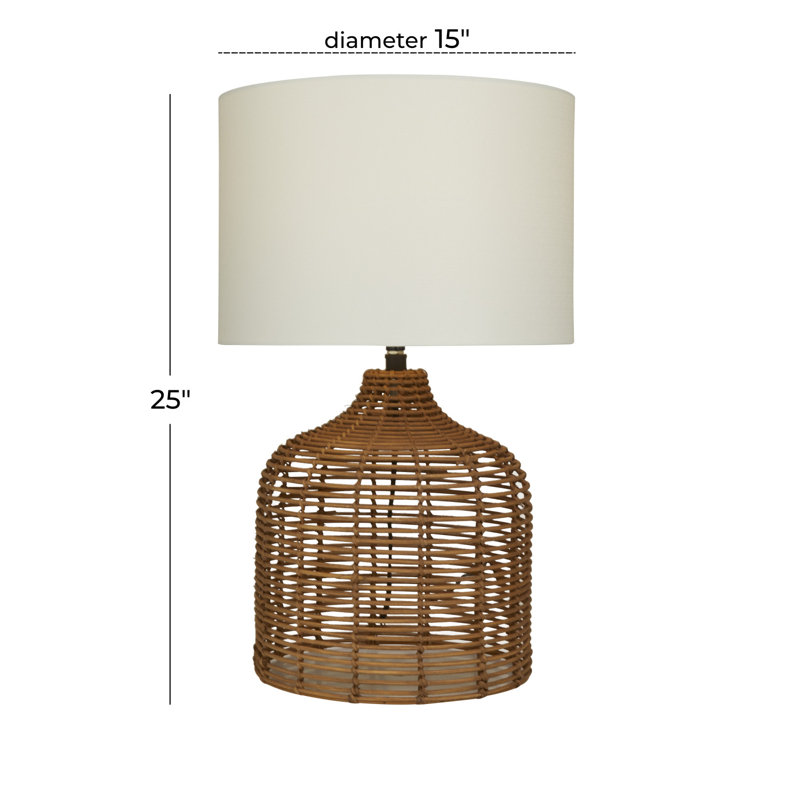 Rattan Handmade Woven Table Lamp with Drum Shade, Textured, White