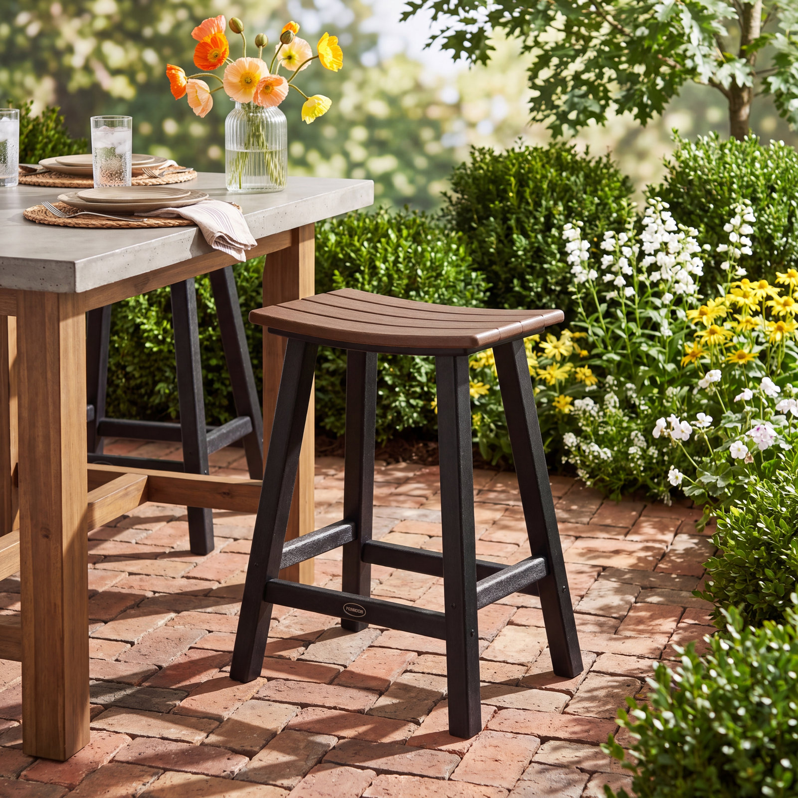 POLYWOOD® Contempo Saddle Counter Stool, Black, Mahogany