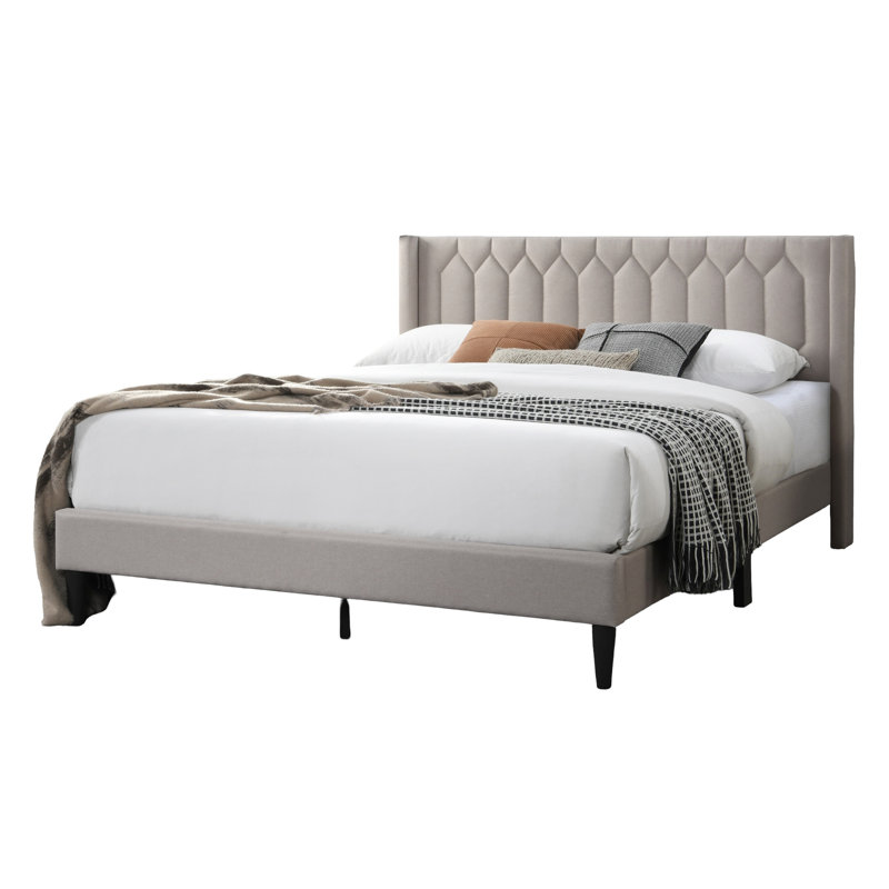 Modern Burlap Brown Queen Bed, Diamond - Stitched Geometric Headboard, Platform Bed For Bedroom Size With Upholstery, Streamlined Furniture