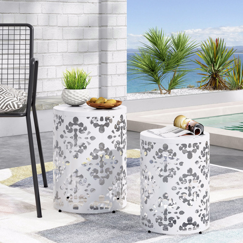 Metal Set Of 2 Patio End Table, White
