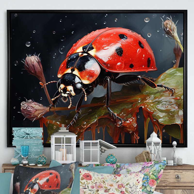 Curious Ladybug Crimson Serenity III sur toile, H 24 po x l 32 po x P 1 po, Cadre flottant noir