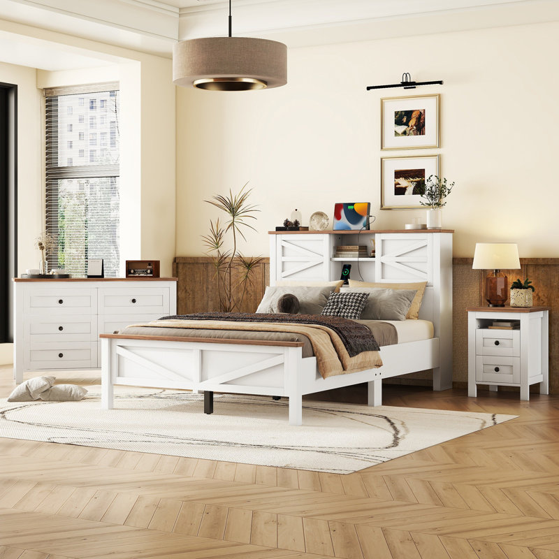 Ensemble de chambre à coucher 3 pièces avec lit plateforme double ferme avec tête de lit double à porte coulissante, station de charge, table de chevet et commode
