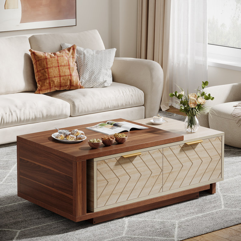Table basse extensible avec 2 tiroirs de rangement, table centrale bicolore avec plateau coulissant, Brun / Beige