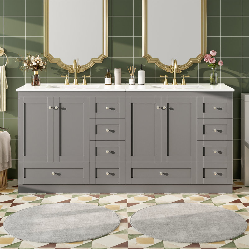 72 Inch Shaker Style Free-Standing Bathroom Vanity Cabinet With Ceramic Sink, Grey