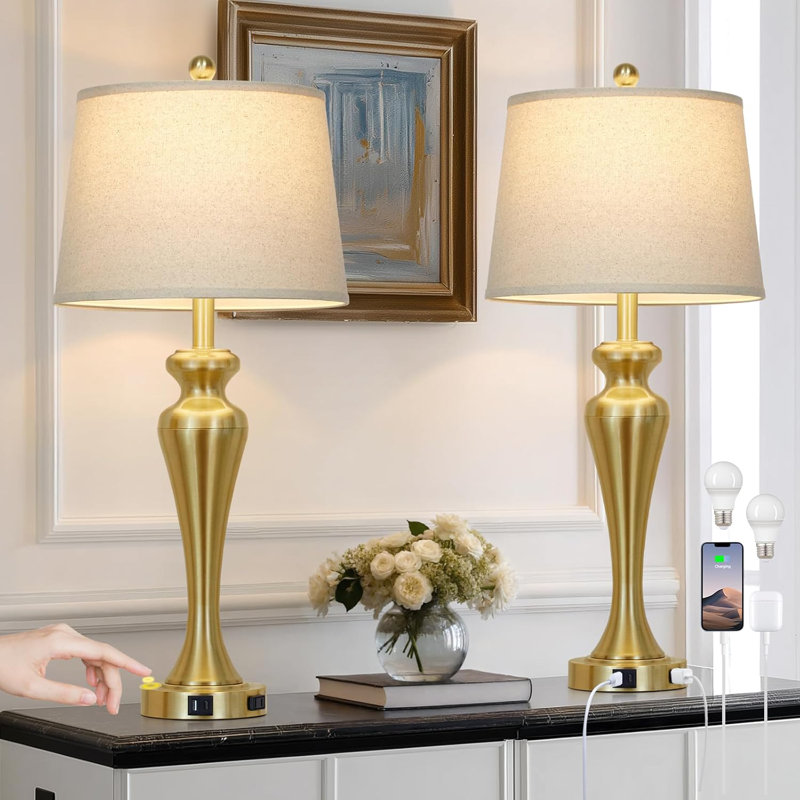 Touch Control Table Lamps Set Of 2 With USB Charging Ports And AC Outlet, 3-Way Dimmable Modern Bedside Lamps For Living Room And Bedroom