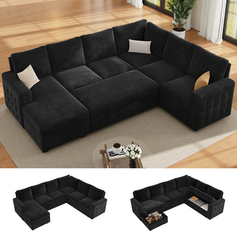 Canapé-lit modulaire en U escamotable avec rangement, revêtement en chenille, noir, Chenille noir