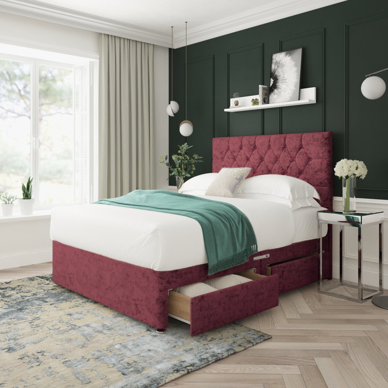 Upholstered Bed, Left Side Drawers, Double (4'6), Aubergine
