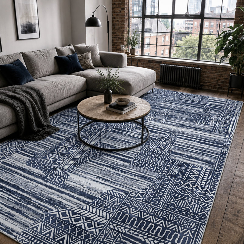 Netline Home Dusky Linework Mid Blue Modern Washable Rug, 60 x 100 cm