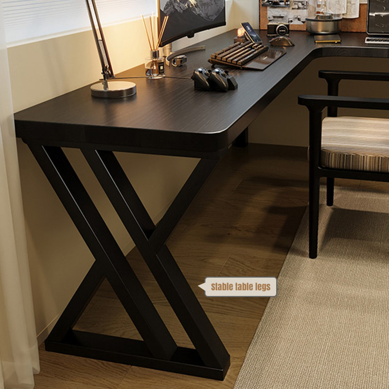 Bureau d'écriture rectangulaire en bois massif noir, H 29,53 po x l 86,61 po x P 55,12 po, Orienté à droite