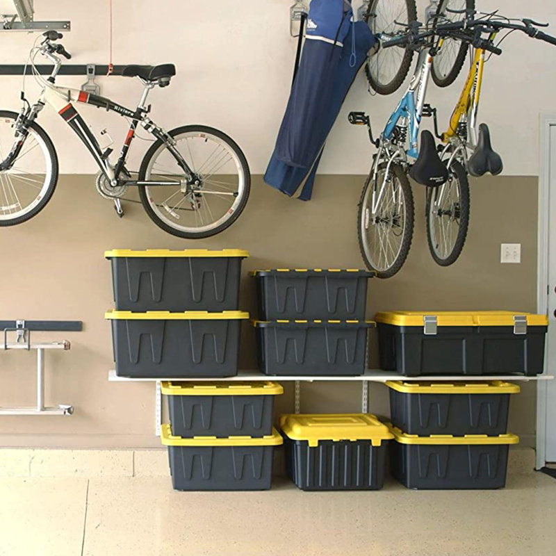 Heavy Duty Black and Yellow Stackable Storage Tote with Lid, 27 Gallon