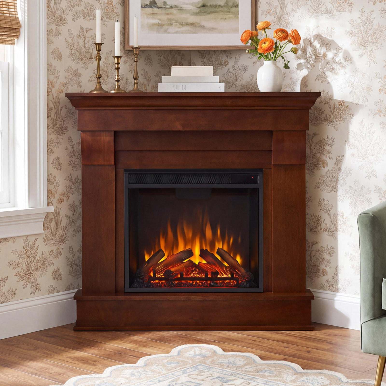Chateau Corner Electric Fireplace with Mantel, Espresso