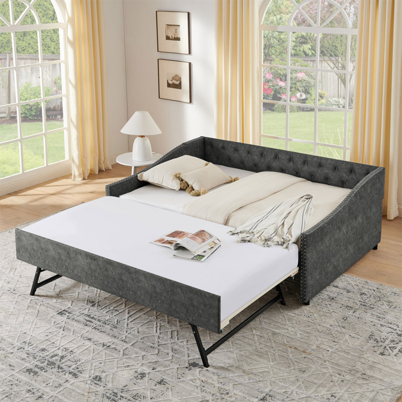 Lit de jour double avec charge USB et lit extensible de taille simple, avec bouton sur le dos et clou en cuivre sur les accoudoirs ondulés