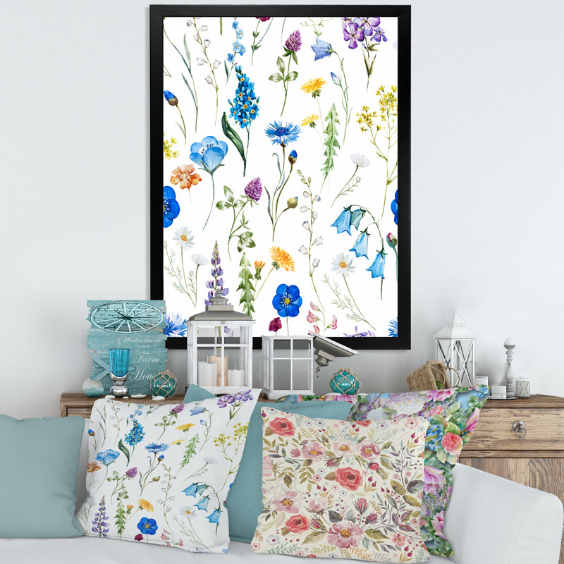 Fleurs bleues sauvages - Peinture sur toile, H 32 po x l 16 po x P 1,5 po, Toile encadrée noire