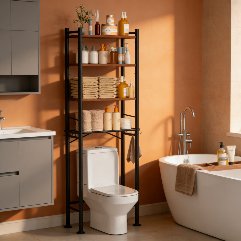 4-Tier Over The Toilet Storage Rack Adjustable Shelf Black Round