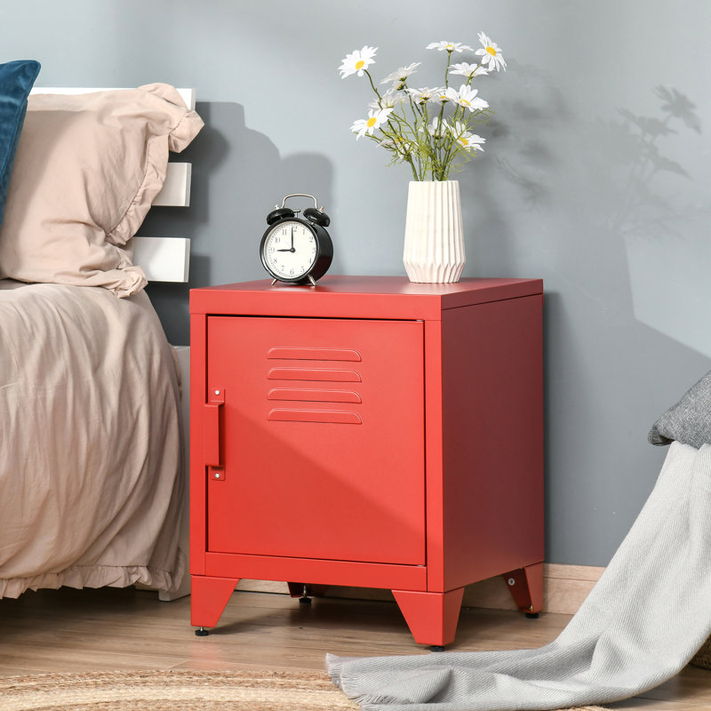 Table de bout industrielle avec porte de casier et tablette réglable en rouge, pour un emplacement stable