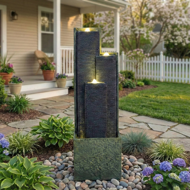 Modern Cascading Freestanding Outdoor Water Fountain With LED Lights For Garden And Patio Decor
