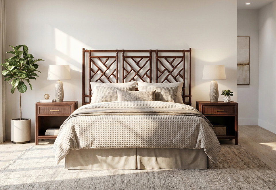 A cozy bedroom scene featuring a dark wood lattice-patterned headboard, layered beige bedding, and symmetrical wooden nightstands with matching table lamps on either side.