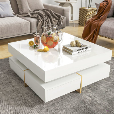Table basse moderne à haute brillance avec 4 tiroirs, table basse carrée multi-rangement avec pieds en grain, table centrale pour le salon, 31,5 po x 31,5 po