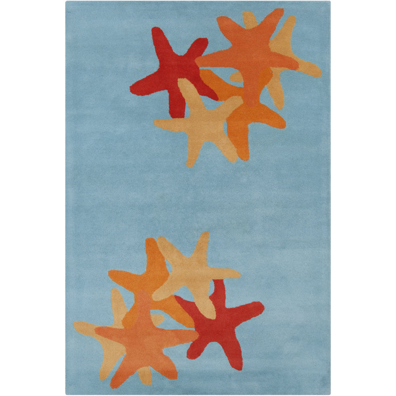 Tapis étoile de mer en laine touffeté à la main bleu, rouge, or et orange Ailey Authentic