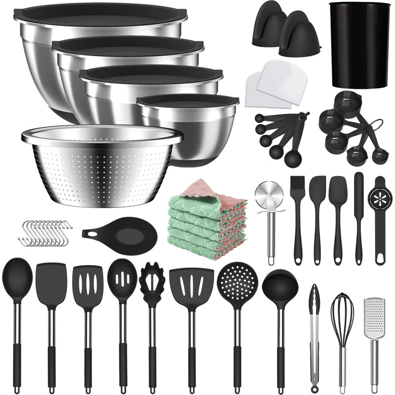 23 pieces of silicone cookware set, kitchen set, non-stick heat-resistant cookware-BPA-free, 4 Stainless Steel Bowls& Colander