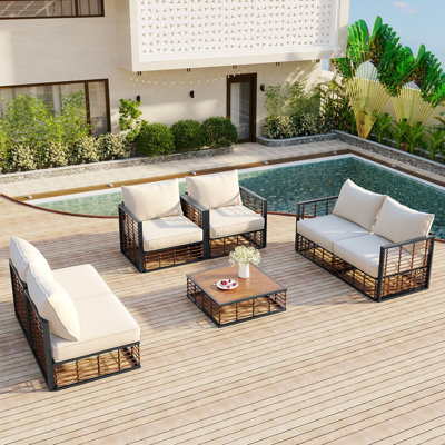 Modern Minimalist 7-Piece Metal Patio Sectional Sofa Set, All-Weather Garden Conversational Furniture Set with Thick Cushions and Coffee Table for Indoor Outdoor, Dark Grey